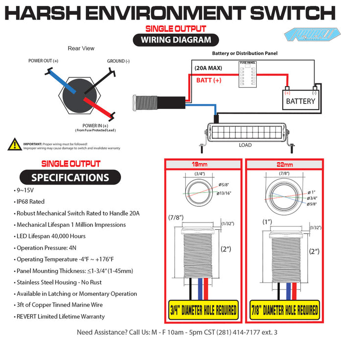 PlashLights REVERT Harsh Environment 22MM Dual Color Push Button On/Off Switch - Stainless Steel | HPBS-22-SS-L