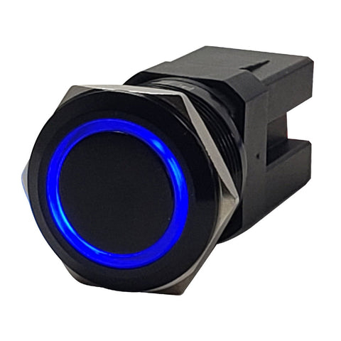 PlashLights Marine Push Button Switch - Blue LED - 40a -Black Anodized- Momentary | PL22BLK-M-BL