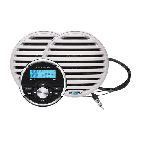 Aquatic AV GP100W Marine Stereo Kit: GP1 Bluetooth Gauge Stereo and 1 pair of White 6.5" Marine Speakers