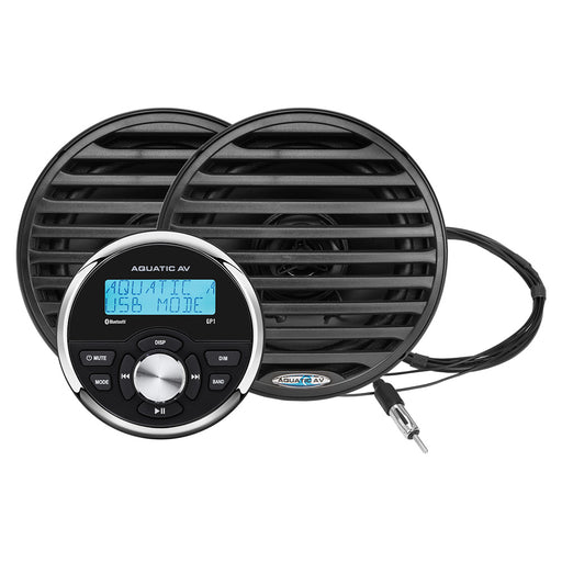 Aquatic AV GP100B Marine Stereo Kit: GP1 Bluetooth Gauge Stereo and 1 pair of Black 6.5" Marine Speakers
