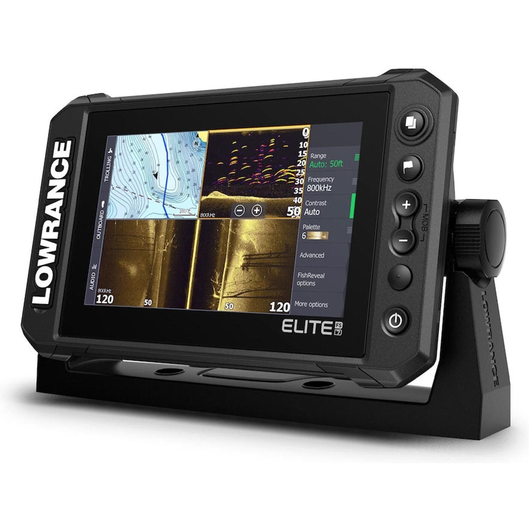 Lowrance Elite FS 7 Explorer All-Season Pack - Elite FS7 Display, HDI Skimmer CHIRP/Downscan Transducer, Ice Transducer, Bag, and 12V Battery & Charger (000-15885-001)