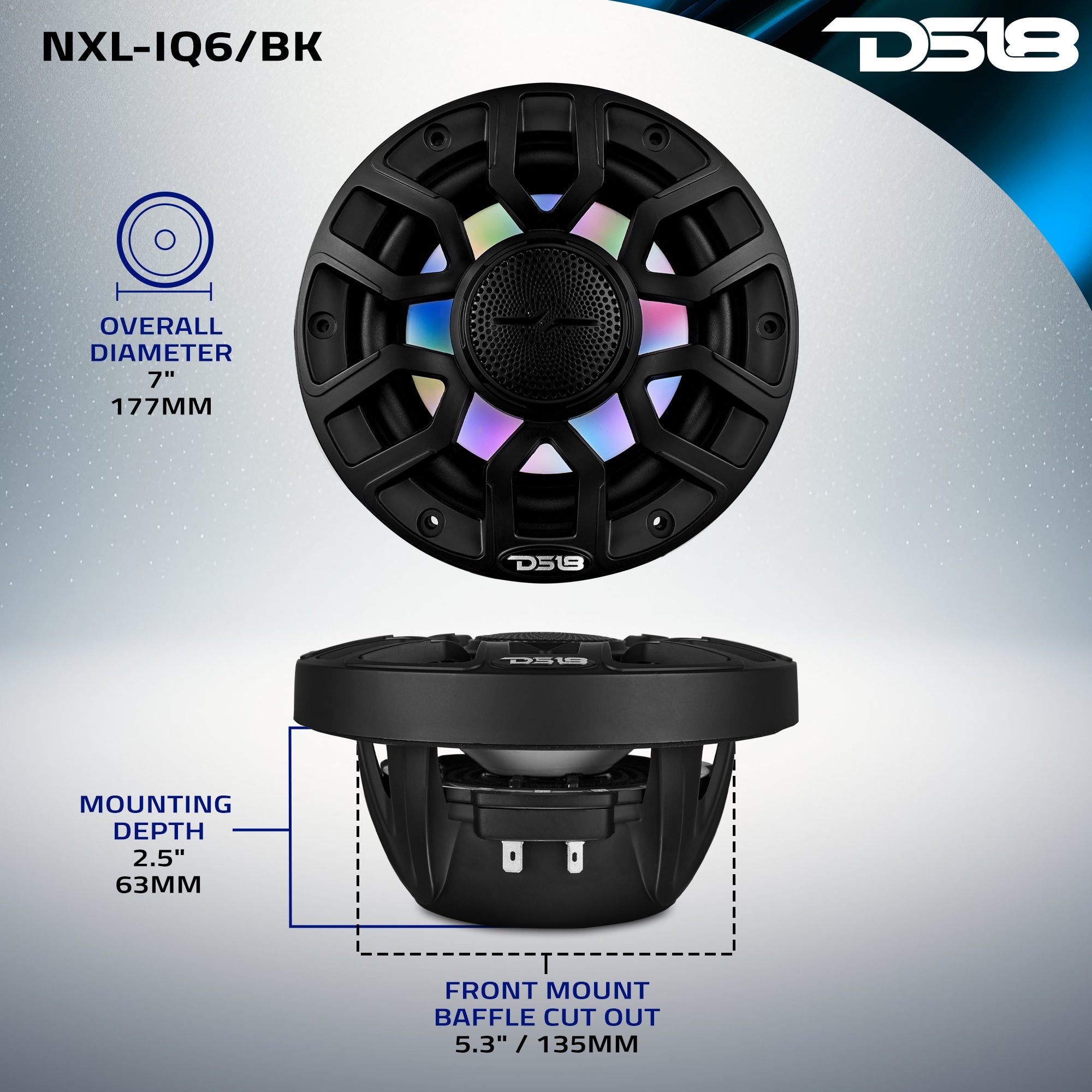 DS18 6.5" 2-Way Coaxial Marine Speakers with Digital LED Lights and Bullet Tweeter - Black - 150W, 4-Ohm (NXL-IQ6/BK)
