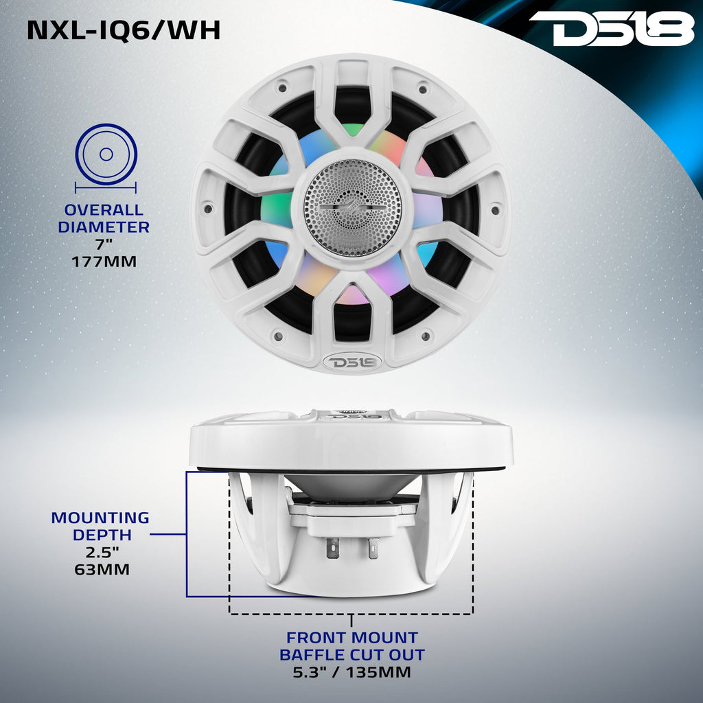 DS18 6.5" 2-Way Coaxial Marine Speakers with Digital LED Lights and Bullet Tweeter - White - 150W, 4-Ohm (NXL-IQ6/WH)