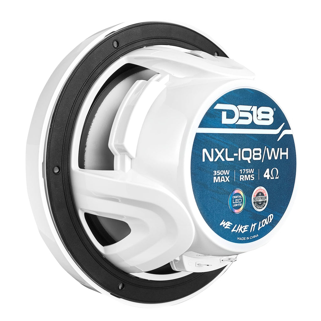 DS18 8" 2-Way Coaxial Marine Speakers with Digital LED Lights and Bullet Tweeter - White - 175W, 4-Ohm (NXL-IQ8/WH)