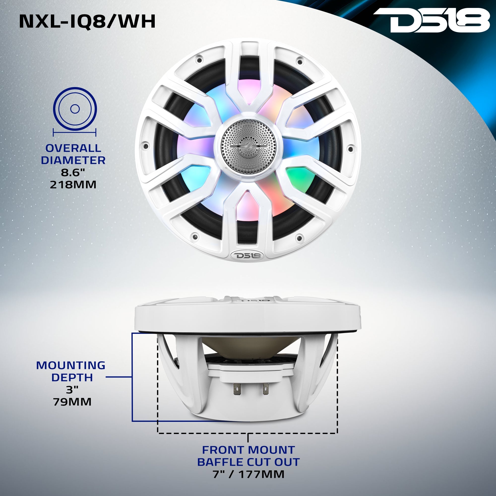 DS18 8" 2-Way Coaxial Marine Speakers with Digital LED Lights and Bullet Tweeter - White - 175W, 4-Ohm (NXL-IQ8/WH)