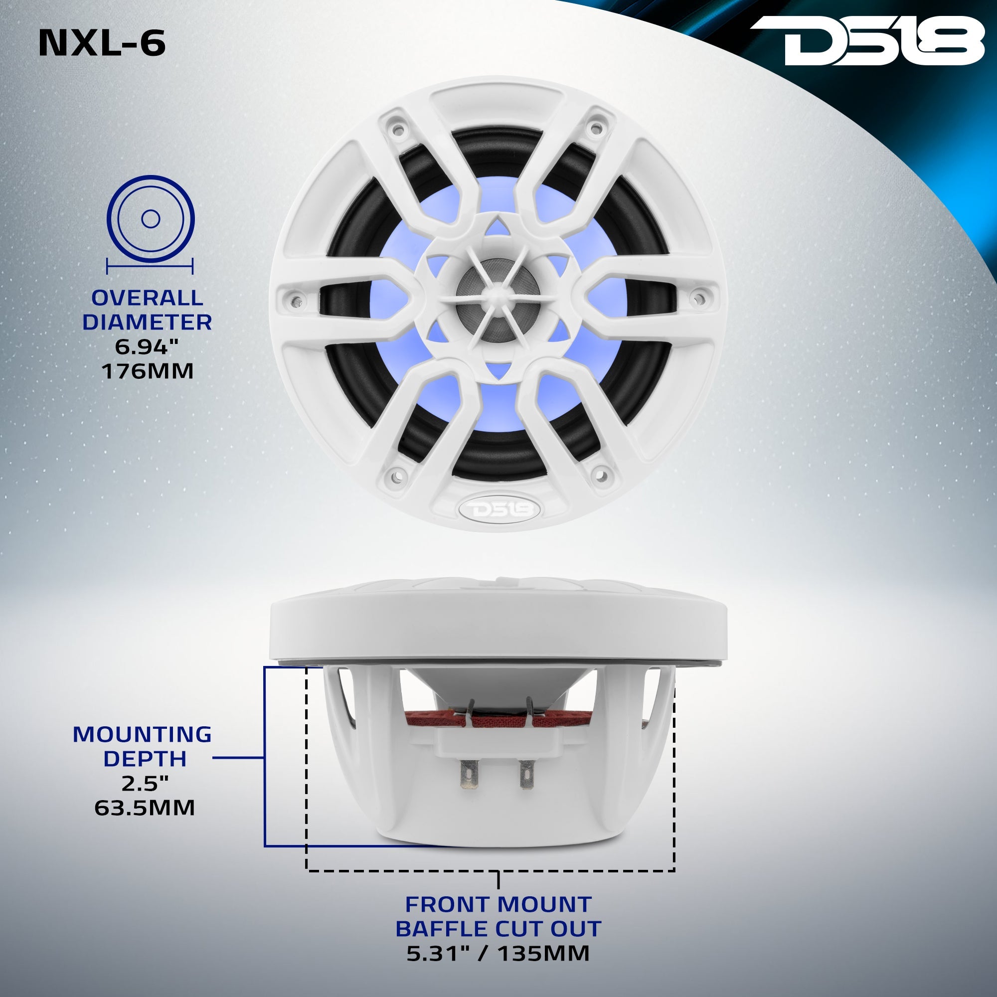 DS18 HYDRO 6.5" 2-Way Marine Speakers with RGB LED Lights 300W - White (NXL-6)