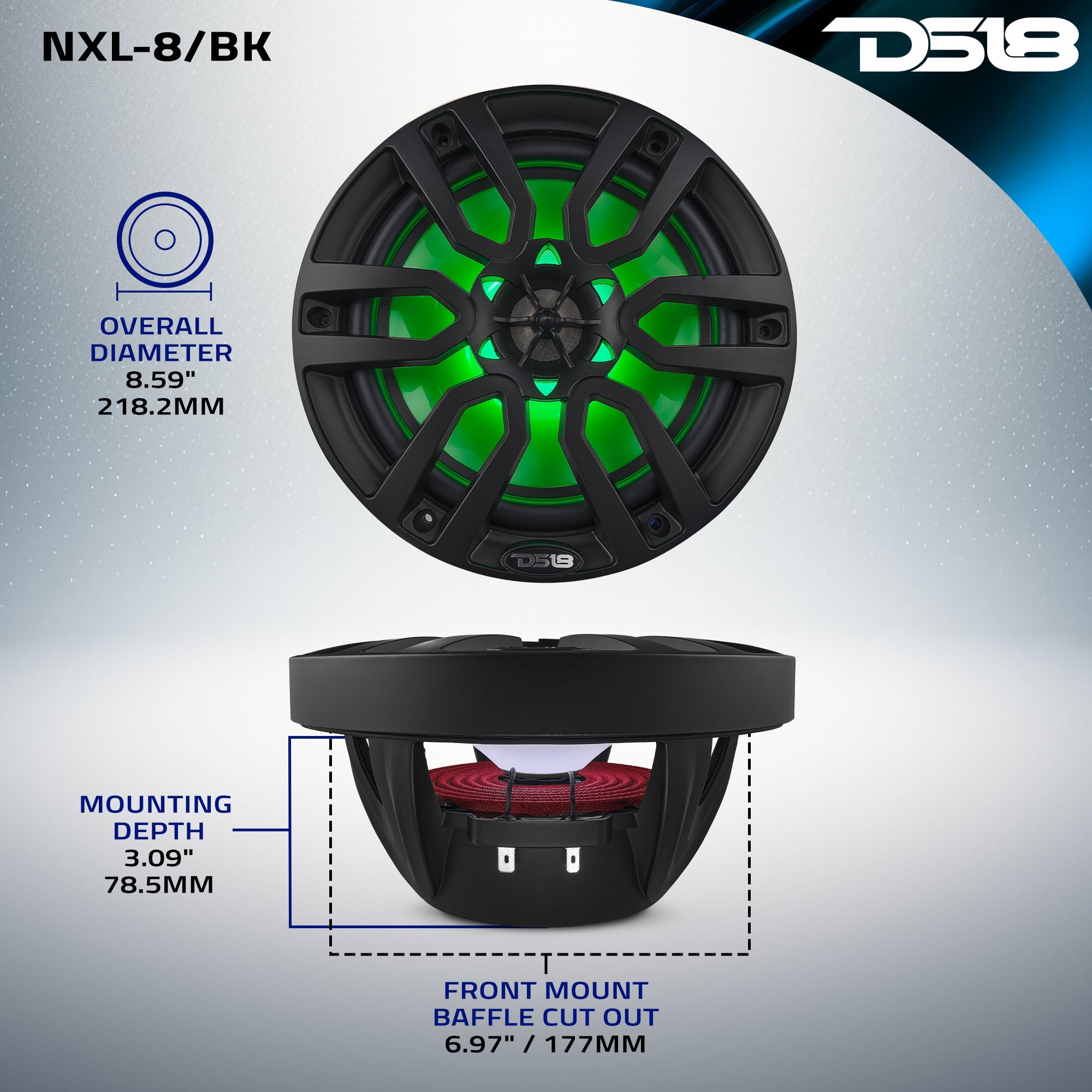DS18 HYDRO 8" 2-Way Marine Speakers with RGB LED Lights 375W - Matte Black (NXL-8/BK)