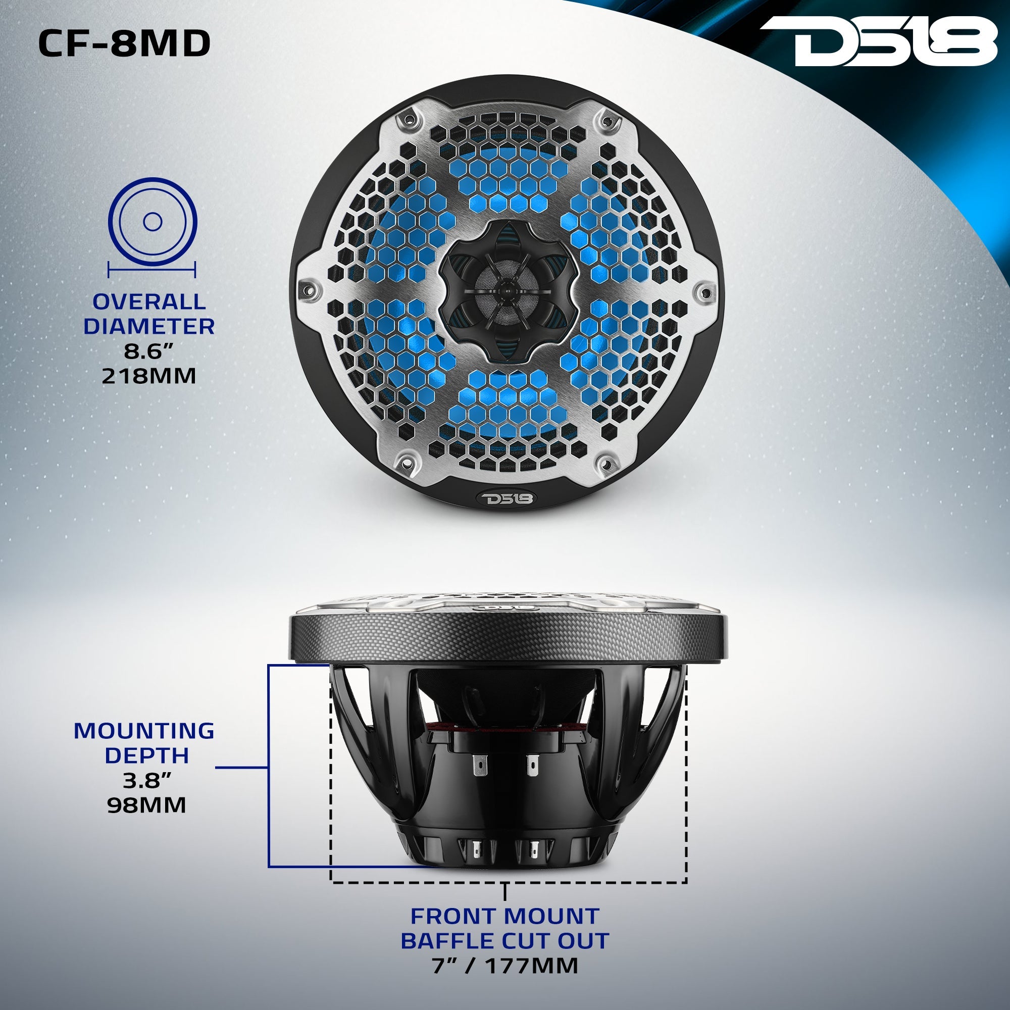 DS18 HYDRO 8" 2-Way Marine Speakers with RGB LED Lights 450W - Black Carbon Fiber (CF-8M)