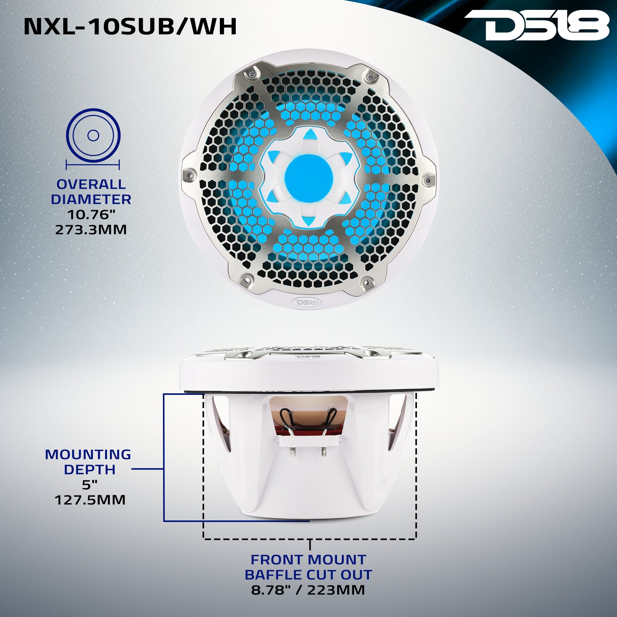 DS18 HYDRO 10" Subwoofer with RGB Lights - 600W - White (NXL-10SUB/WH)