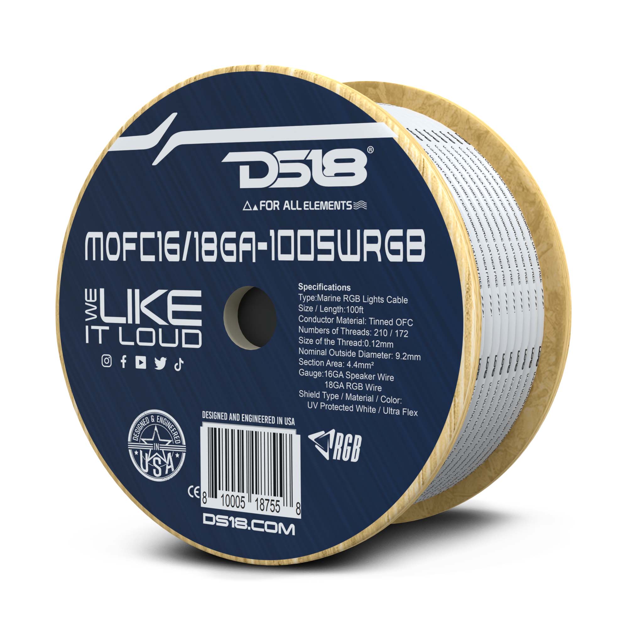 DS18 Marine Tinned OFC 18GA RGB Wire with 16GA Speaker Wire - 100' Spool (MOFC16/18GA-100SWRGB)