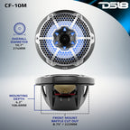 DS18 HYDRO 10" 2-Way Speakers with Bullet Tweeter and Integrated RGB LED Lights - Carbon Fiber (CF-10M)