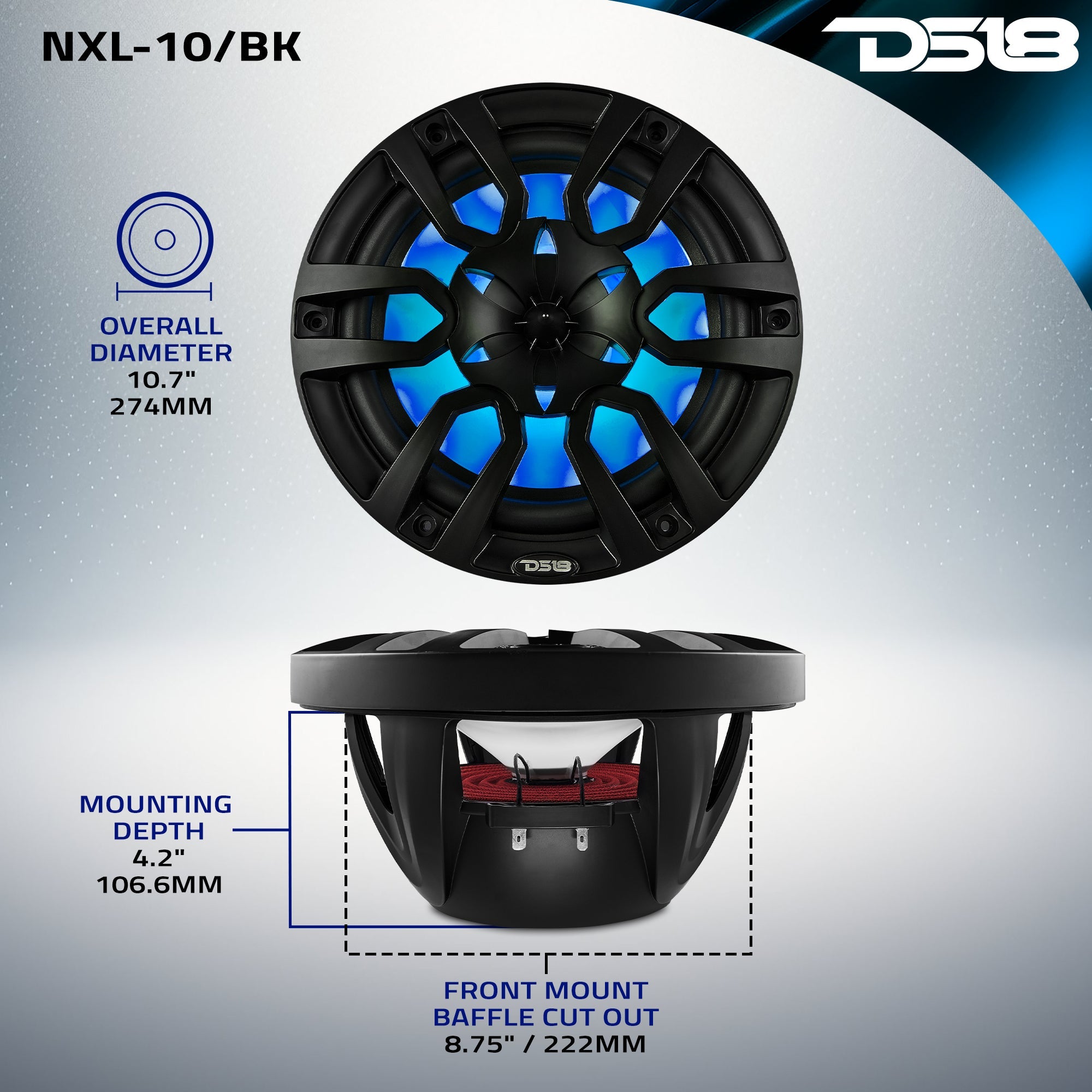 DS18 HYDRO 10" 2-Way Marine Speakers with Bullet Tweeters and Integrated RGB LED Lights - Black (NXL-10/BK)