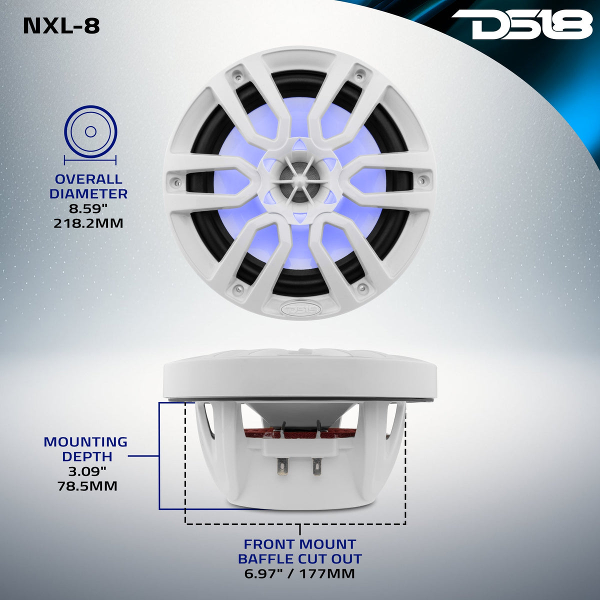 DS18 NXL-8 HYDRO 8" 125W RMS 4-Ohm 2-Way Marine Coaxial Speakers with RGB LED Lighting, White Composite Grilles, Pair