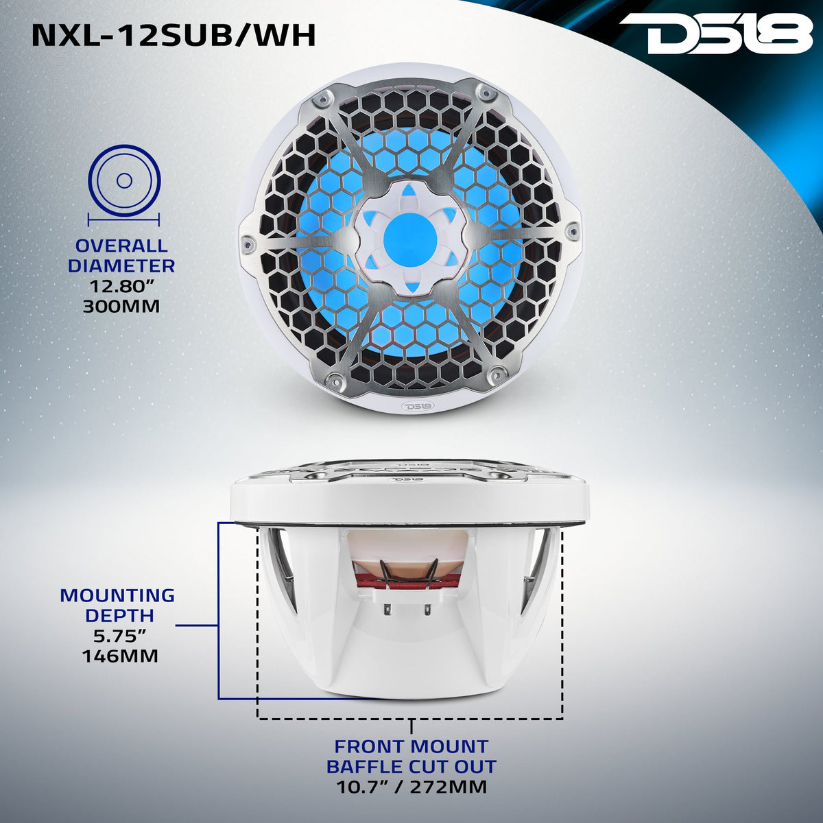 DS18 NXL-12SUB/WH HYDRO 12" 350W RMS 4-Ohm Marine Subwoofer with RGB LED Lighting, White