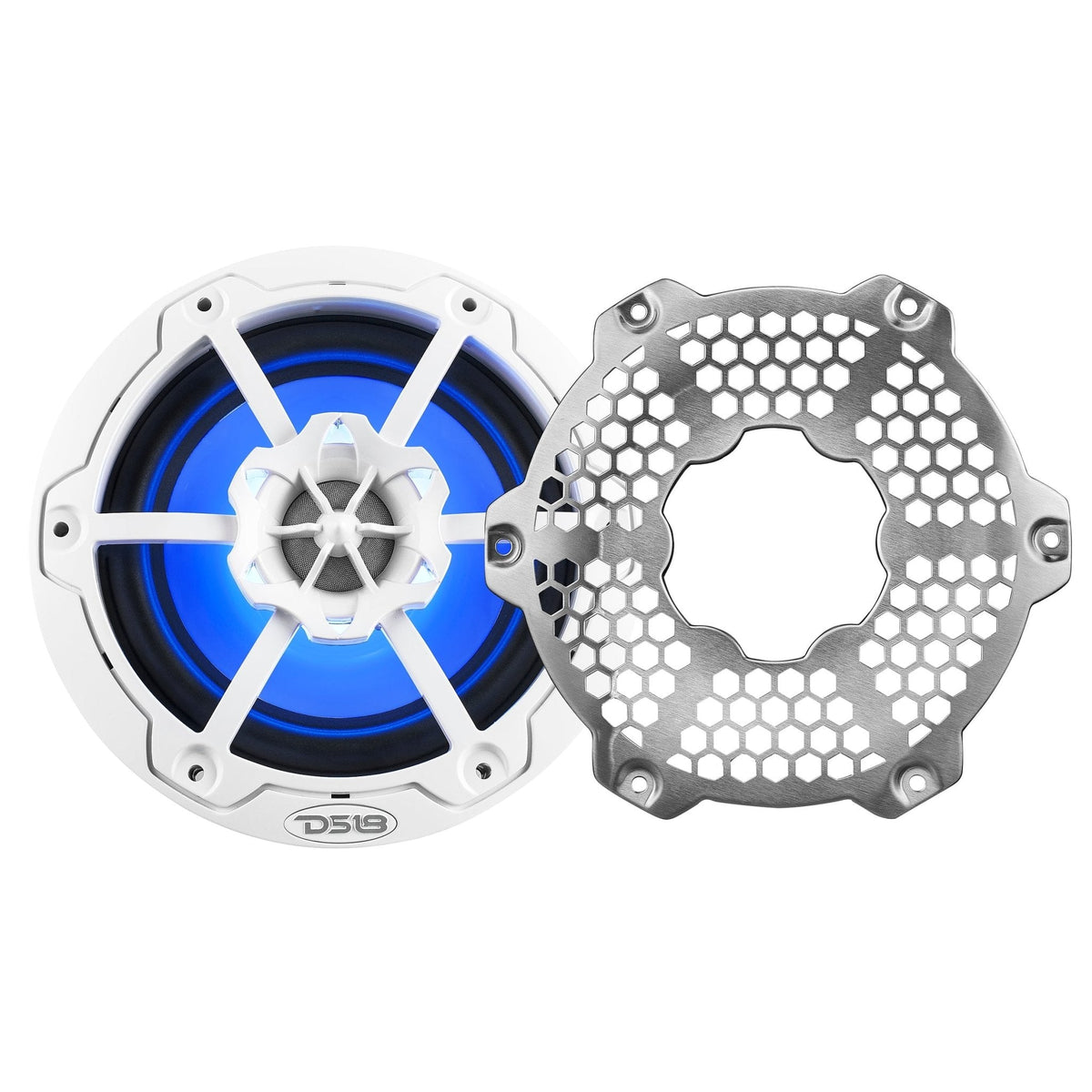 DS18 NXL-6M/WH HYDRO 6.5" 100W RMS 4-Ohm 2-Way Marine Coaxial Speakers with RGB LED Lighting, White Metal-Mesh Grilles, Pair