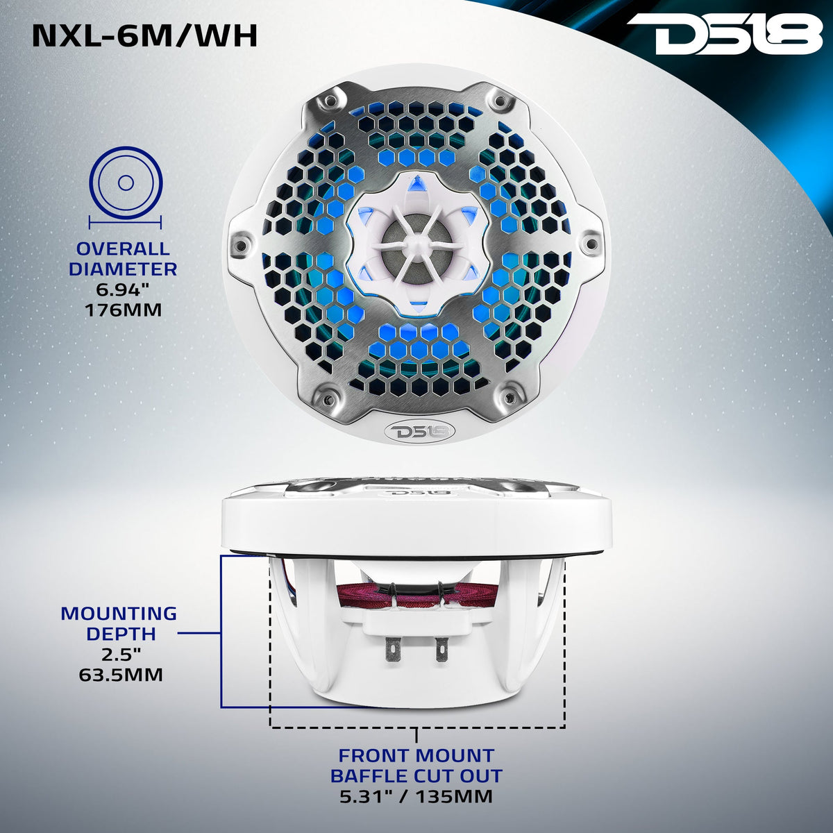 DS18 NXL-6M/WH HYDRO 6.5" 100W RMS 4-Ohm 2-Way Marine Coaxial Speakers with RGB LED Lighting, White Metal-Mesh Grilles, Pair