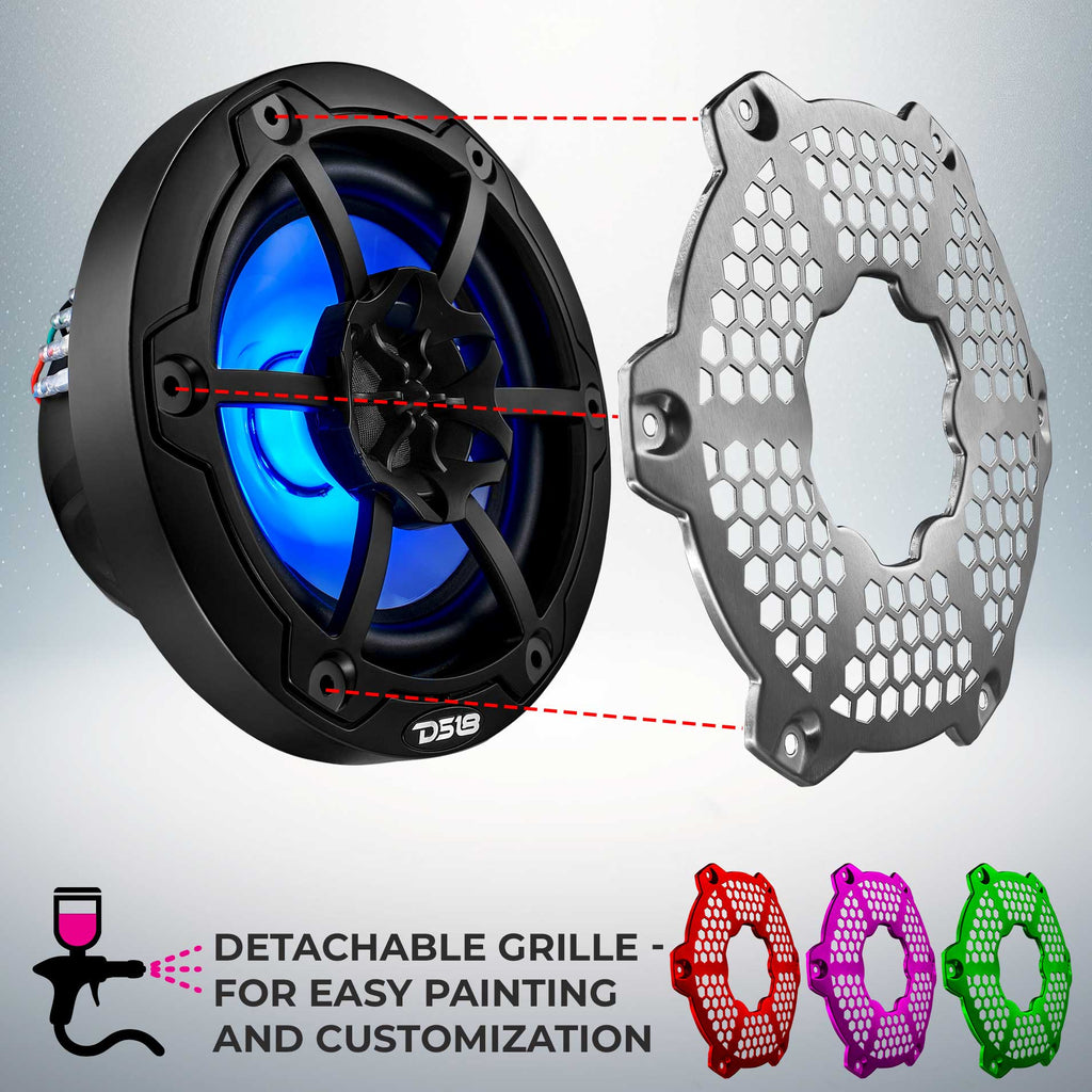 DS18 NXL-6M/BK HYDRO 6.5" 100W RMS 4-Ohm 2-Way Marine Coaxial Speakers with RGB LED Lighting, Black Metal-Mesh Grilles, Pair