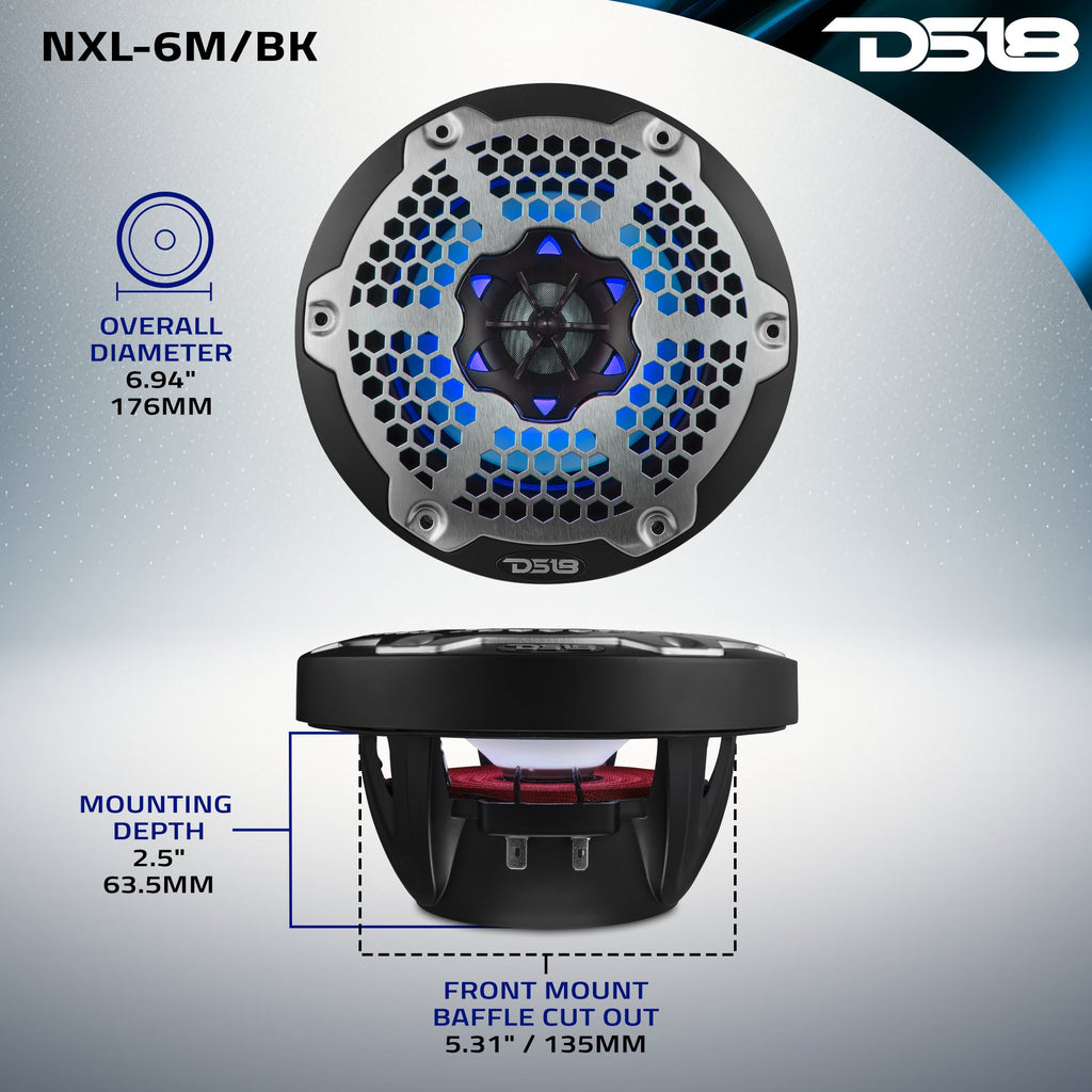 DS18 NXL-6M/BK HYDRO 6.5" 100W RMS 4-Ohm 2-Way Marine Coaxial Speakers with RGB LED Lighting, Black Metal-Mesh Grilles, Pair