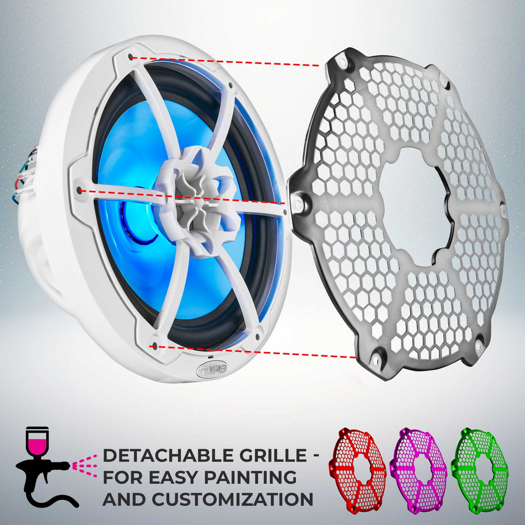 DS18 NXL-8M/WH HYDRO 8" 125W RMS 2-Way Marine Speakers with RGB LED Lighting & Stainless-Steel Mesh Grilles, White, Pair