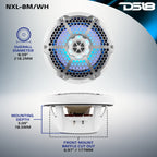DS18 NXL-8M/WH HYDRO 8" 125W RMS 2-Way Marine Speakers with RGB LED Lighting & Stainless-Steel Mesh Grilles, White, Pair