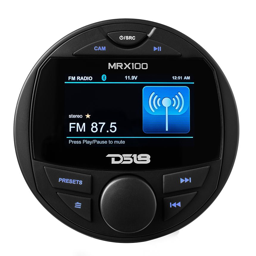 DS18 MRX100 HYDRO Round Marine & Powersports Digital Media Receiver with Bluetooth, 3" color TFT, 2-Zone Audio, 4 x 50W Max