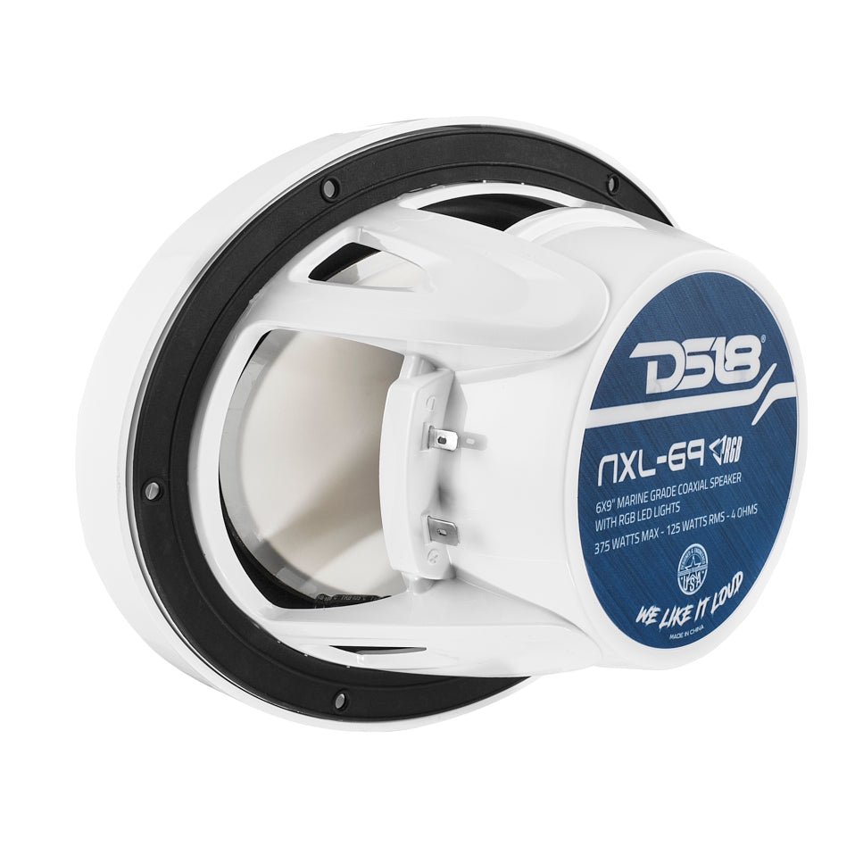 DS18 NXL-69/WH HYDRO 6 x 9" 125W RMS 4-Ohm 2-Way Marine Coaxial Speakers with RGB LED Lighting, White Composite Grilles, Pair