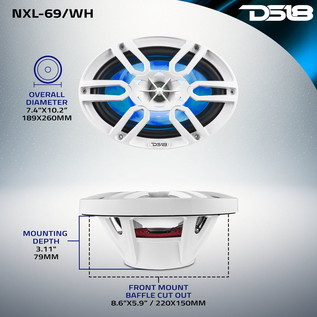 DS18 NXL-69/WH HYDRO 6 x 9" 125W RMS 4-Ohm 2-Way Marine Coaxial Speakers with RGB LED Lighting, White Composite Grilles, Pair