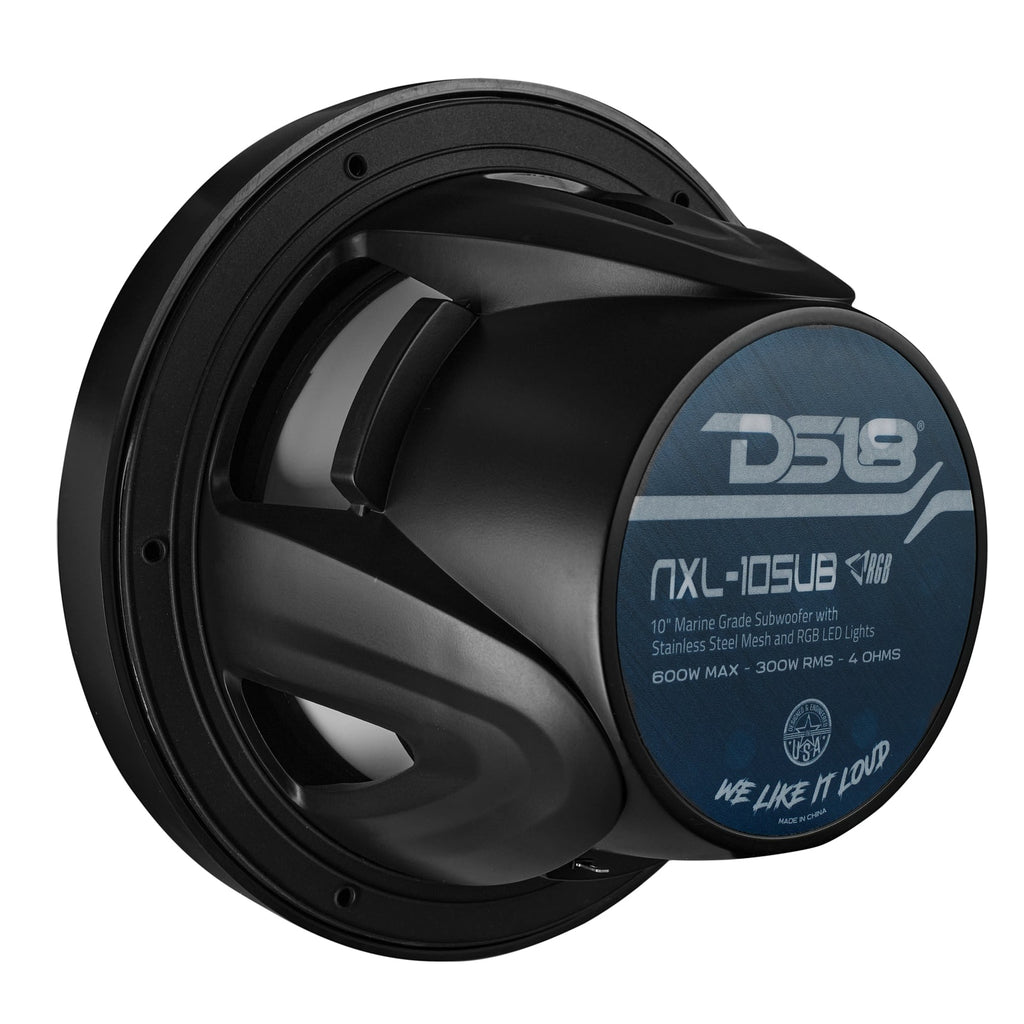 DS18 NXL-10SUB/BK HYDRO 10" 300W RMS 4-Ohm Marine Subwoofer with RGB LED Lighting, Black