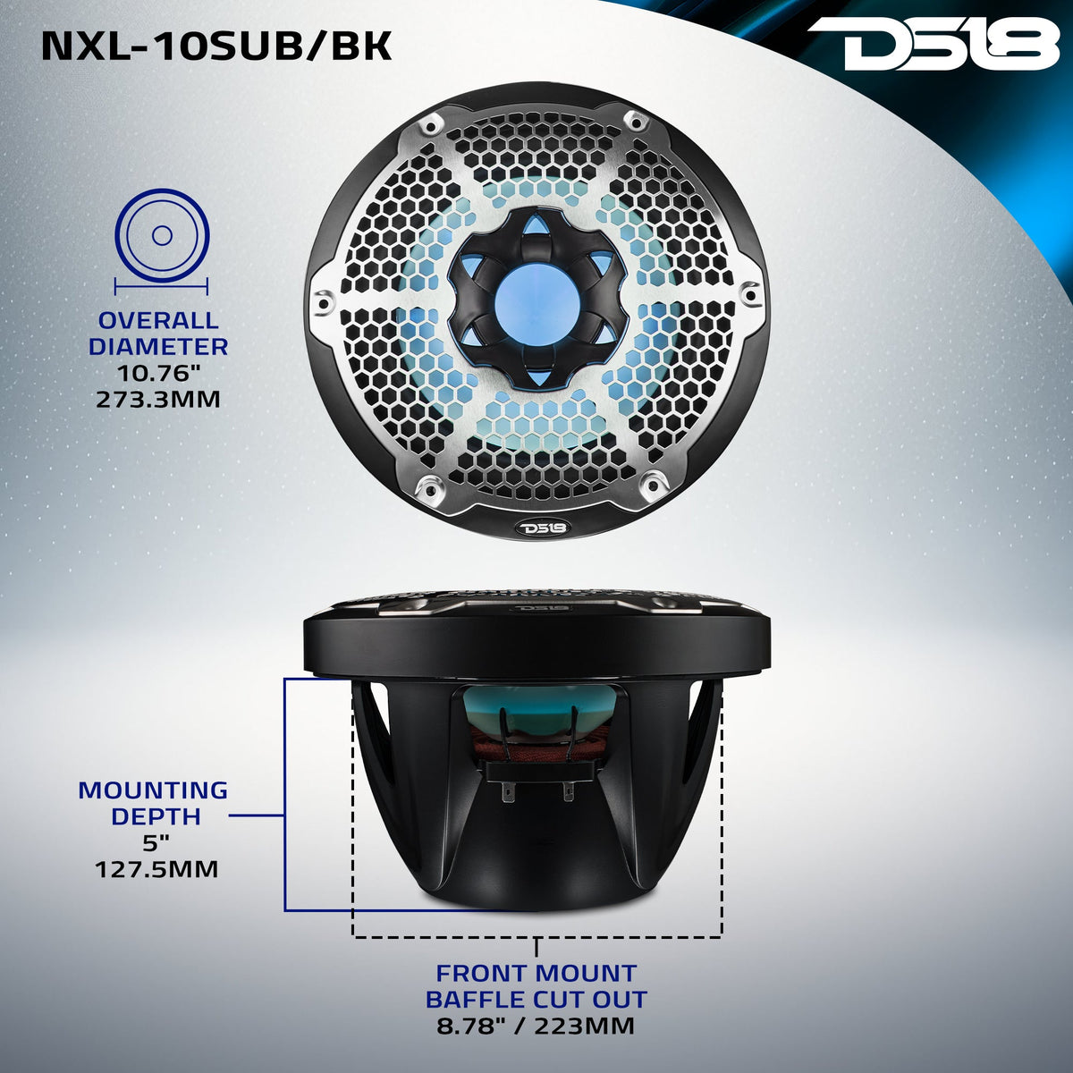 DS18 NXL-10SUB/BK HYDRO 10" 300W RMS 4-Ohm Marine Subwoofer with RGB LED Lighting, Black