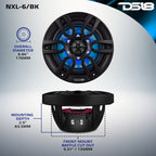 DS18 NXL-6/BK HYDRO 6.5" 100W RMS 4-Ohm 2-Way Marine Coaxial Speakers with RGB LED Lighting, Matte Black Composite Grilles, Pair
