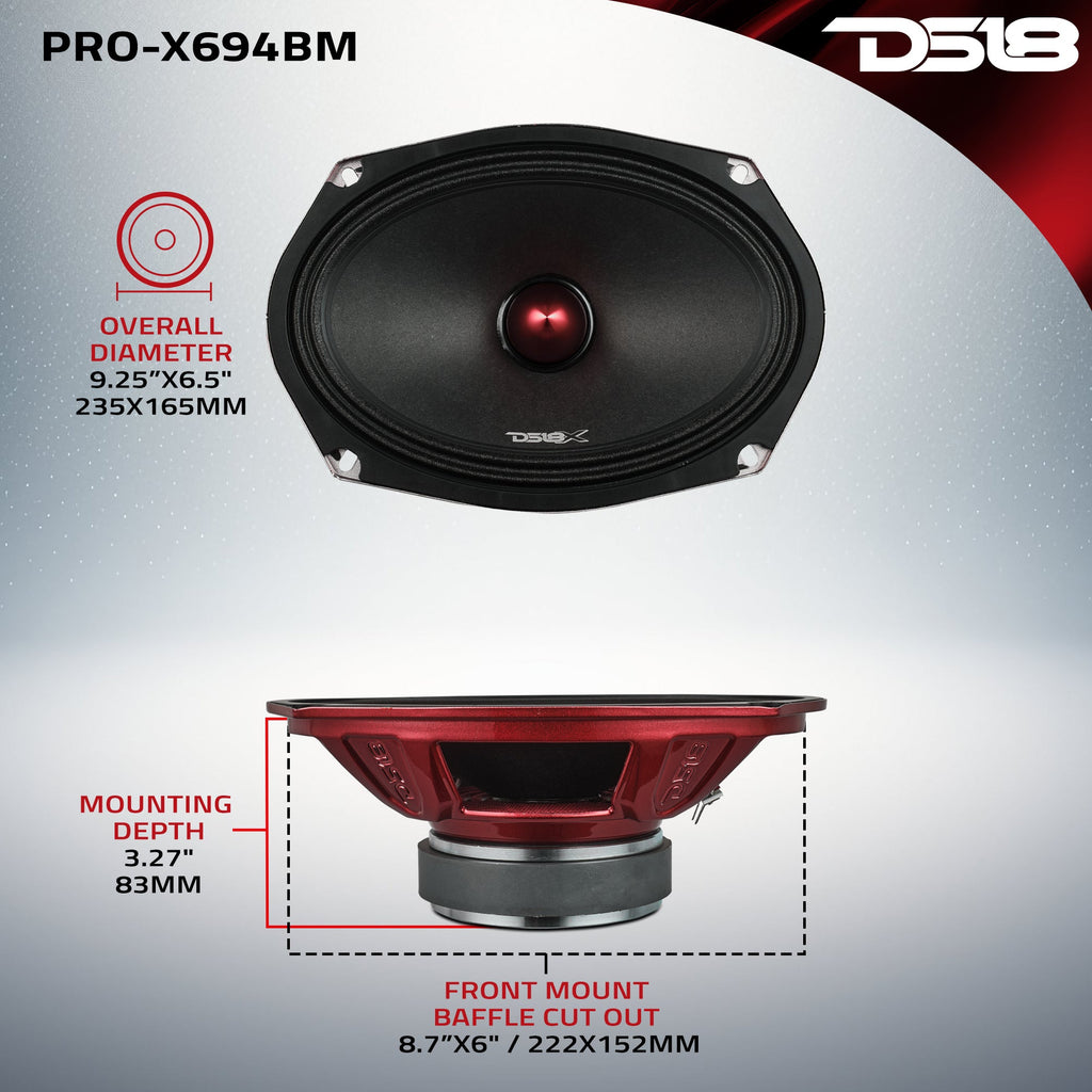 DS18 PRO-X694BM PRO-X 6x9" 200W RMS 4-Ohm Midrange Loudspeaker with Bullet, Red, Single