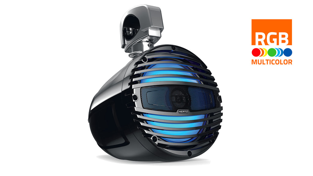 Hertz HTX 8 M-CL-TW.2 HTX 8" 100W RMS 4-Ohm Marine Tower Coaxial Speaker with RGB LED Lighting, Clamp Mount, Total White, Each (78049003)
