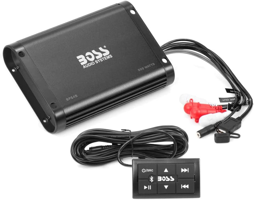 BOSS Audio Systems BPS4B 4 Channel ATV UTV Bluetooth Amplifier - Weather resistant, 500 Watts, Bluetooth Multi-Function Remote, Full Range, Class A/B, 4-8 Ohm Stable, Aux-in, RCA Outputs, USB Charging