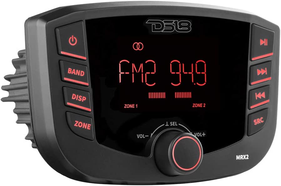 DS18 MRX2 Marine and Powersports Headunit Media Center Receiver with AM/FM Radio, USB and Bluetooth, LCD Screen , 2 Zones, 4 Volts Output, BT, RDS 4X40 Watts